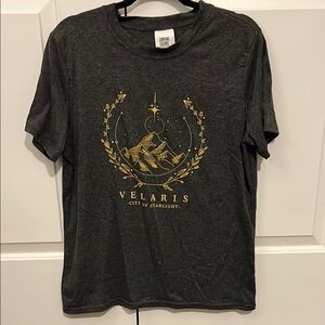 ACOTAR Themed Tee; Velaris City of Starlight; Gray T-Shirt with Gold Graphic